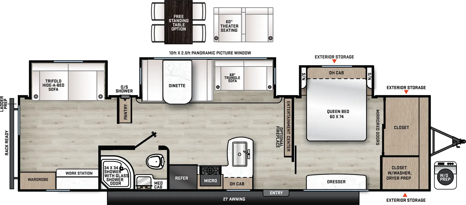 The Catalina Legacy Edition 343BHTS-DEN floorplan has one entry and three slide outs. Exterior features include: metal exterior and 21' awning. Interiors features include: free-standing dinette option and front bedroom.